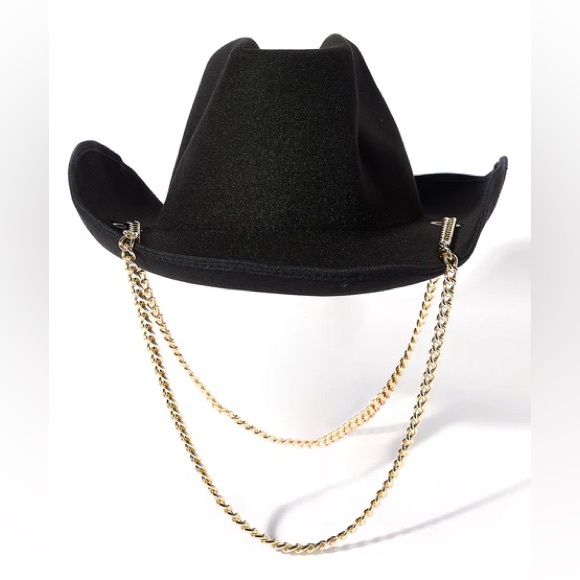 •Cowgirl Couture• Black Felt Cowboy Hat with Gold Chain Accents